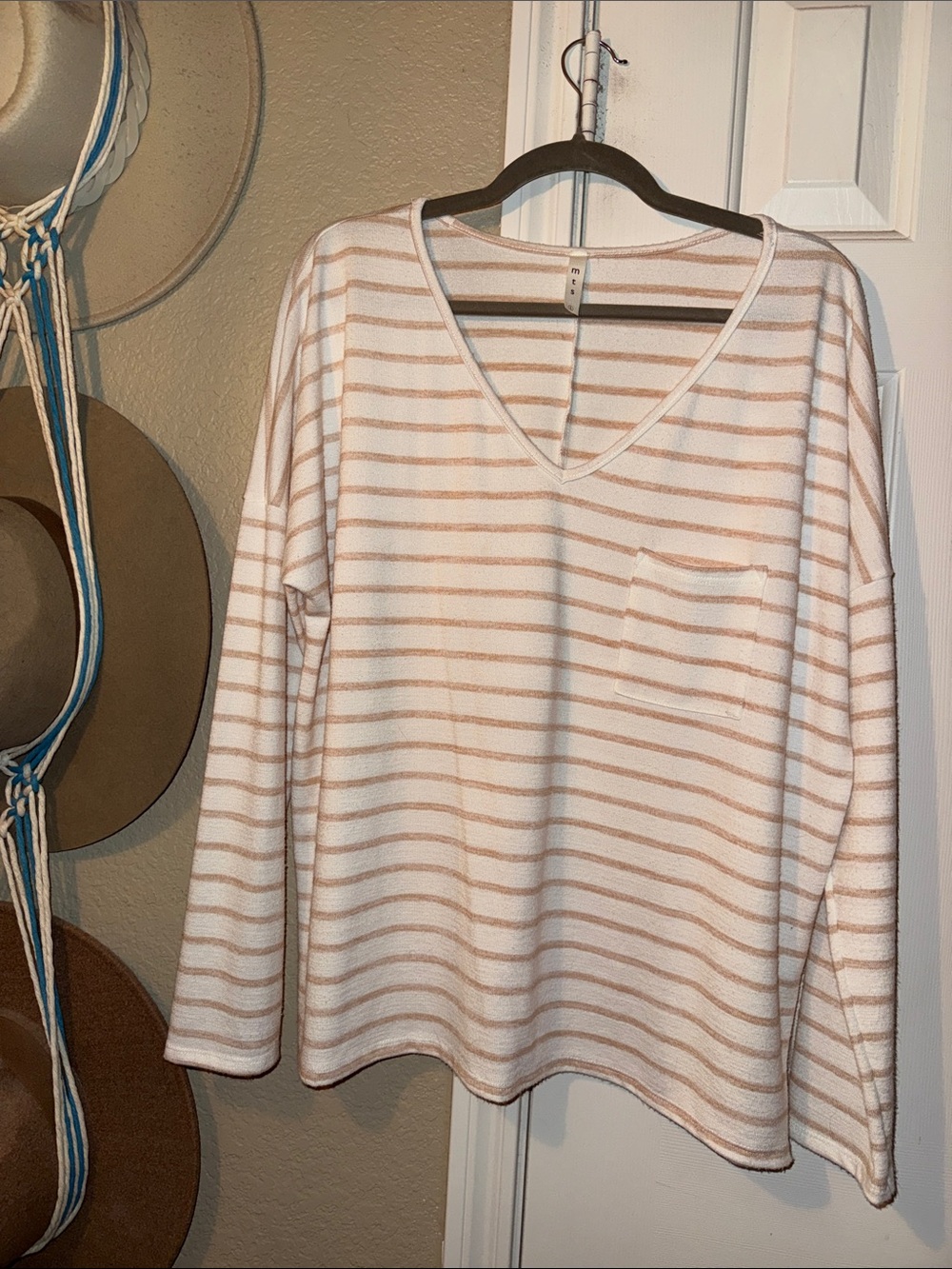 mts Cream & Tan Striped V-Neck Long Sleeve Top